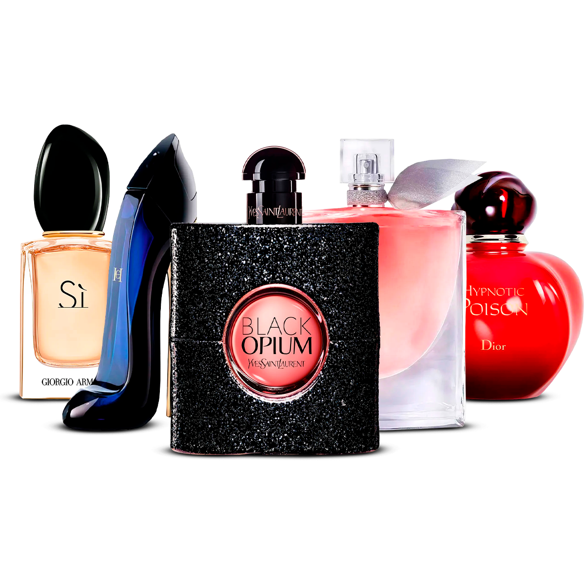 Kombinasjon av 5 kvinnelige parfymer – Sì, Good Girl, Black Opium, La Vie Est Belle og Hypnotic Poison [100 ml hver]