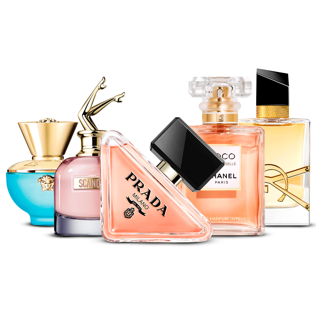 Kombinasjon av 5 dameparfymer – Versace Dylan Turquoise, Scandal, Prada Paradoxe, Coco Mademoiselle og Yves Saint Laurent Libre [100 ml hver]
