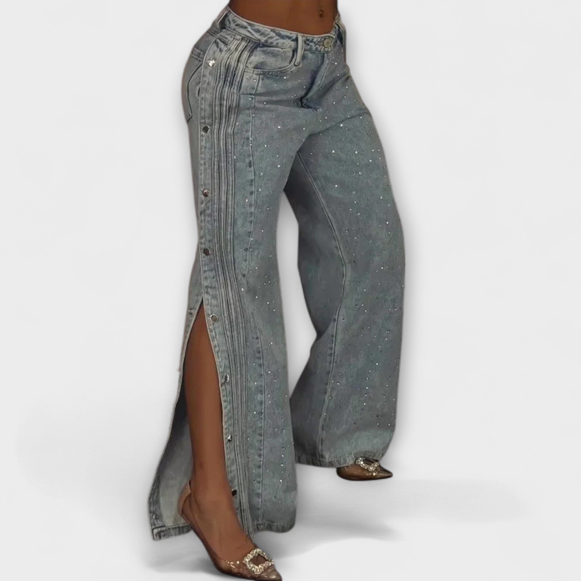 Nola - Høytlivsjeans dekorert med rhinestones og sidelommer