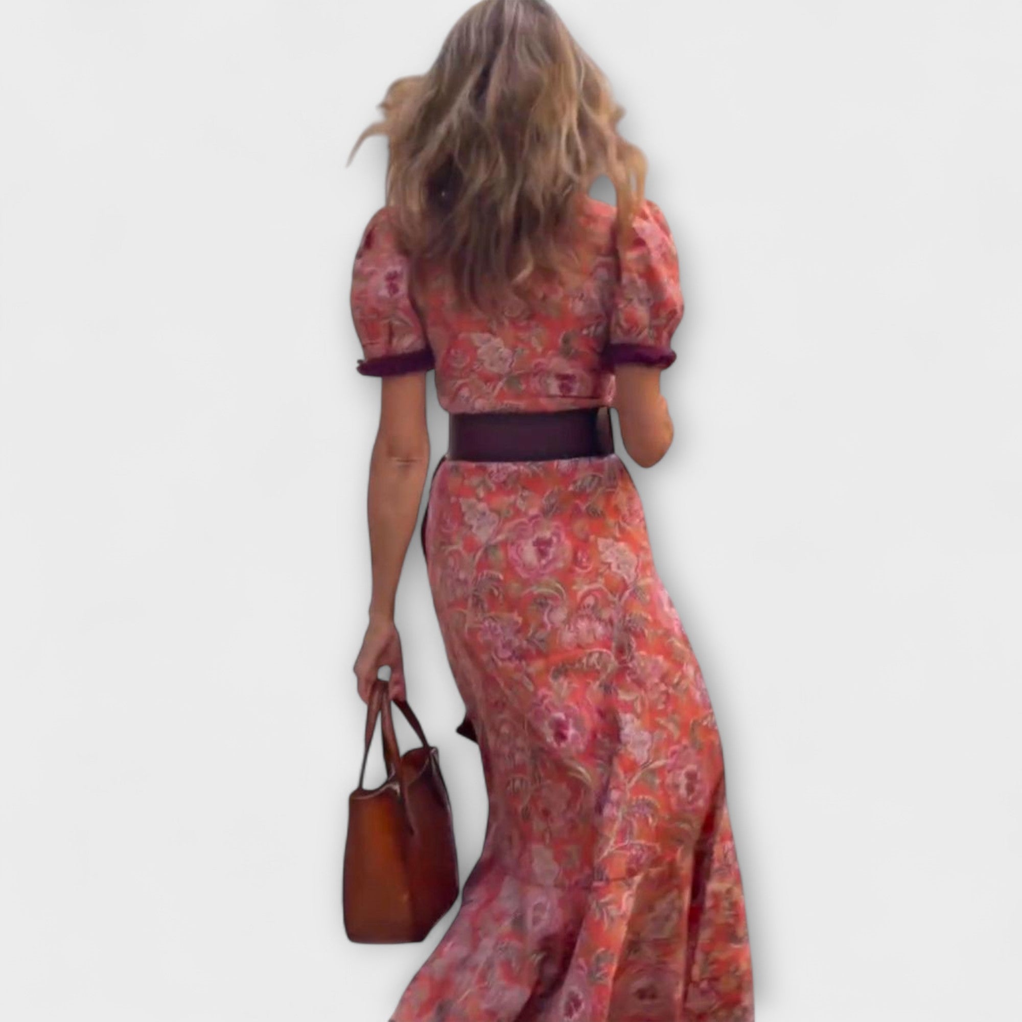 Elegant Rosa Maxi Kjole med Korte Ermer