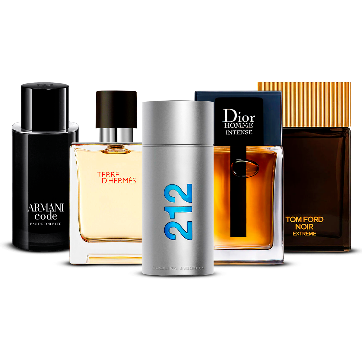 Kombinasjon av 5 herreparfymer – Armani Code, Terre d'Hermès, 212 Men, Dior Homme Intense og Tom Ford Noir Extrême [100 ml hver]