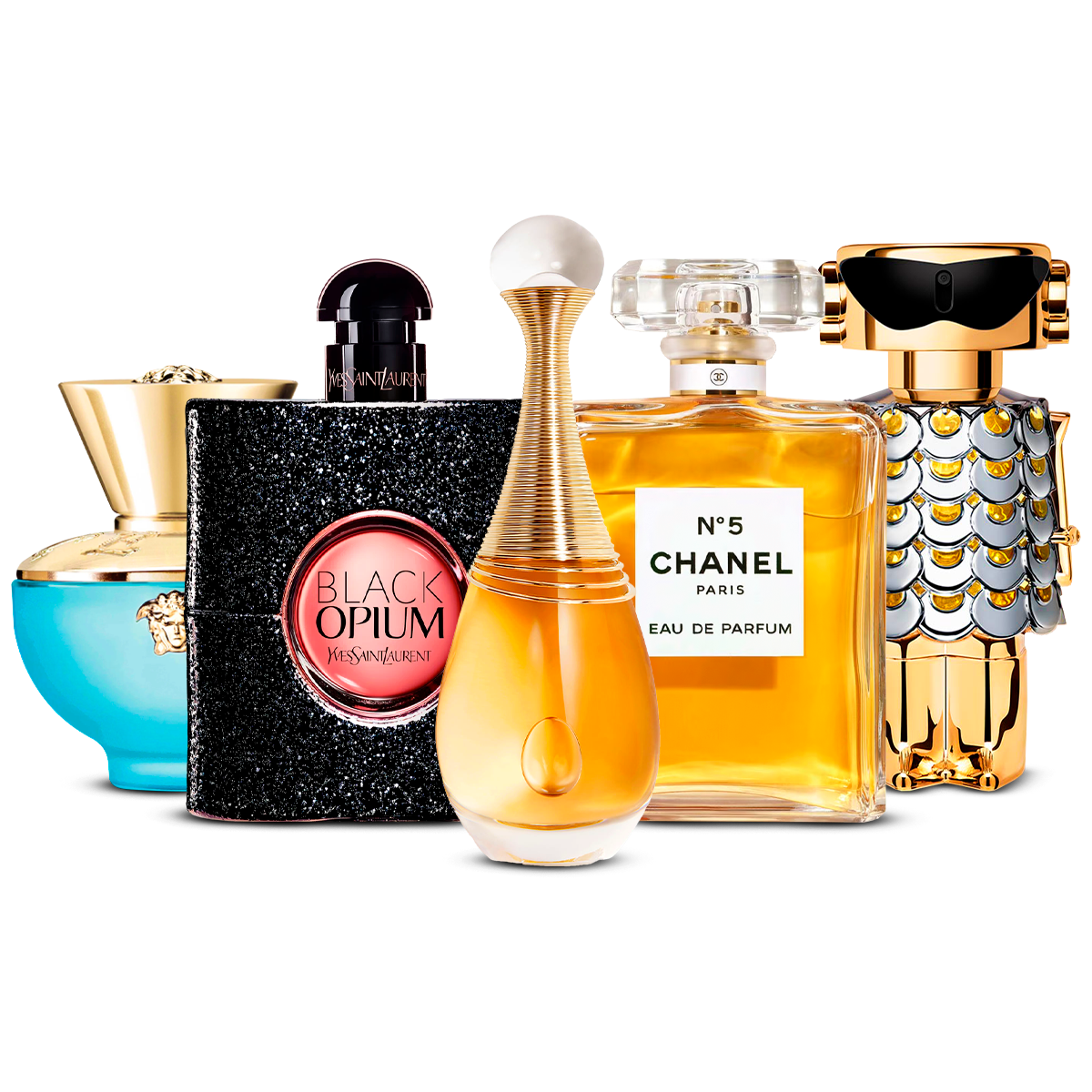 Kombinasjon av 5 kvinners parfymer – Versace Dylan Turquoise, Black Opium, J'adore, Chanel Nº5 og Fame [100 ml hver]