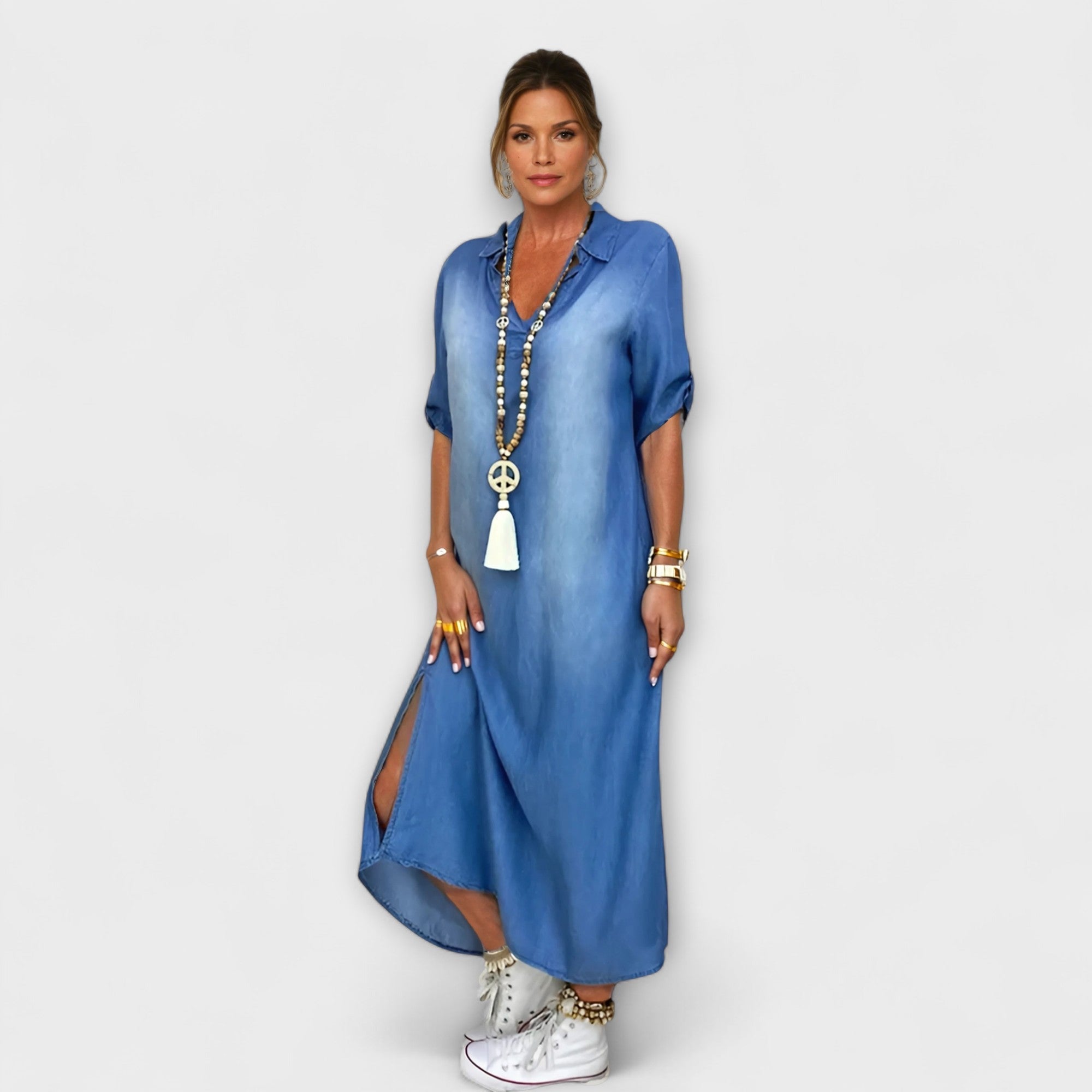Lea - Lang Denim-Look Kjole med Sideslitt