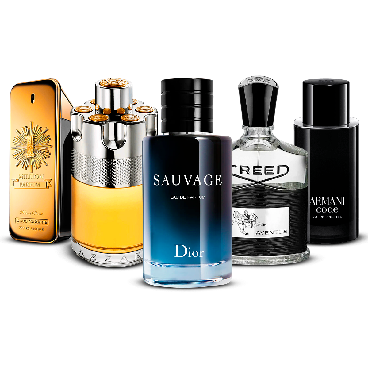 Kombinasjon av 5 herreparfymer – 1 Million, Azzaro Wanted, Sauvage, Creed Aventus og Armani Code [100 ml hver]