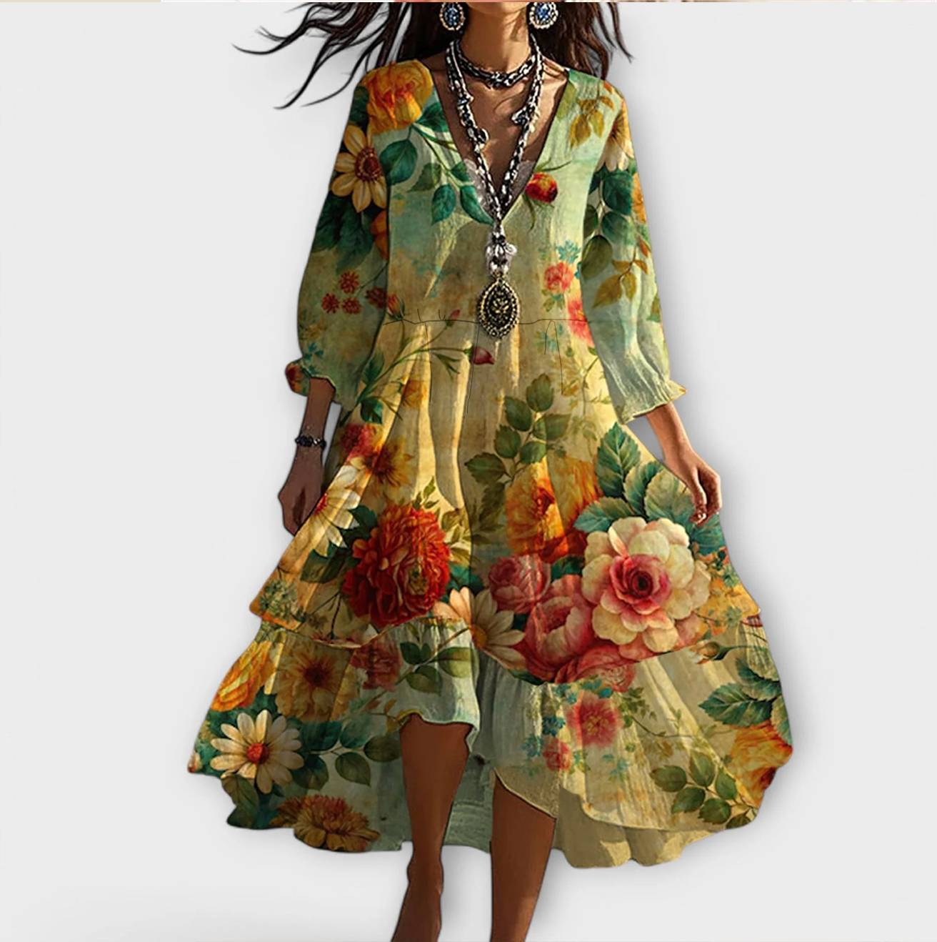 Marina - Vintage Boho Blomster Mønster V-Hals Kjole