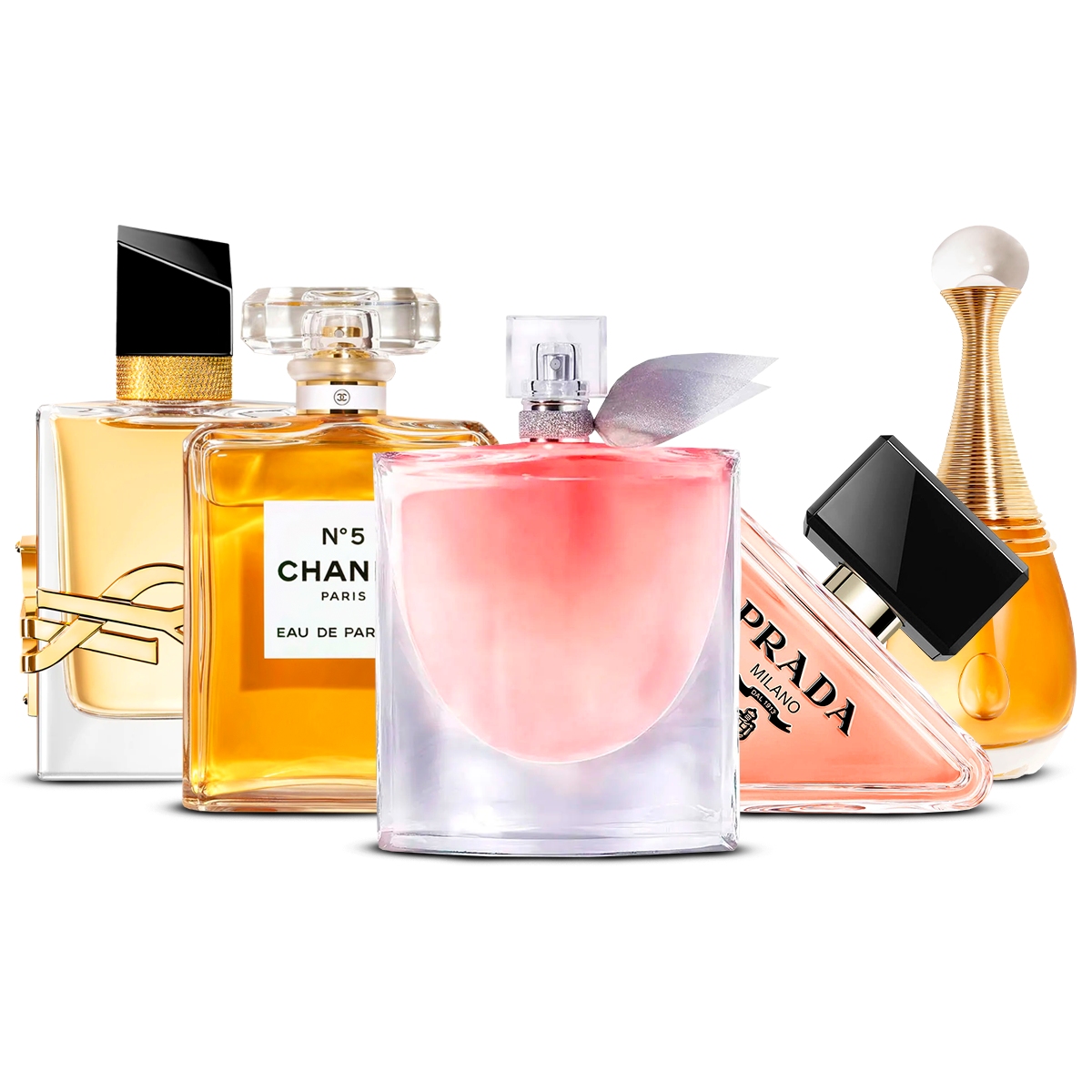 Kombinasjon av 5 kvinnelige parfymer – Yves Saint Laurent Libre, Chanel Nº5, La Vie Est Belle, Prada Paradoxe og J'adore [100 ml hver]
