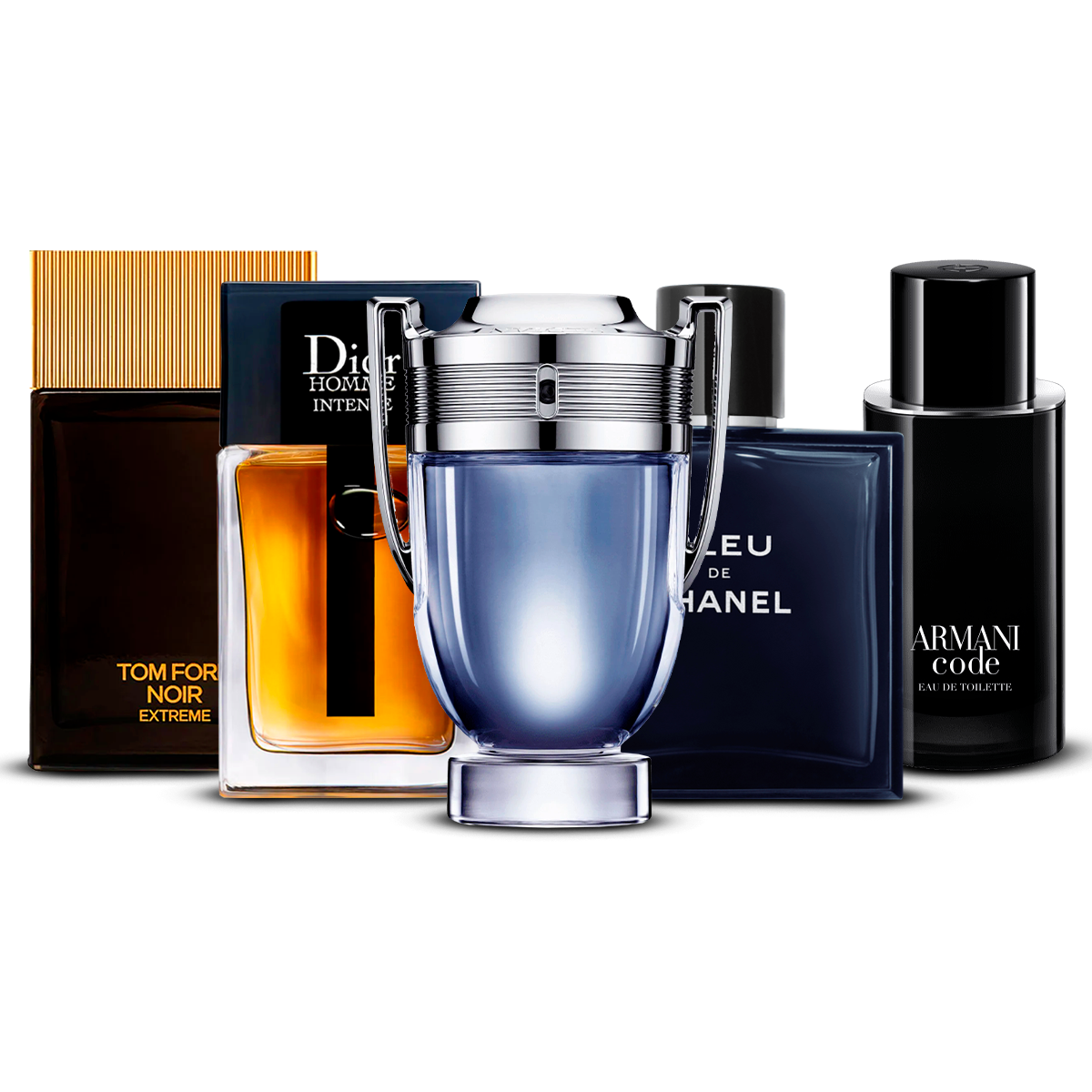 Kombinasjon av 5 herreparfymer – Tom Ford Noir Extrême, Dior Homme Intense, Invictus, Bleu de Chanel og Armani Code [100 ml hver]