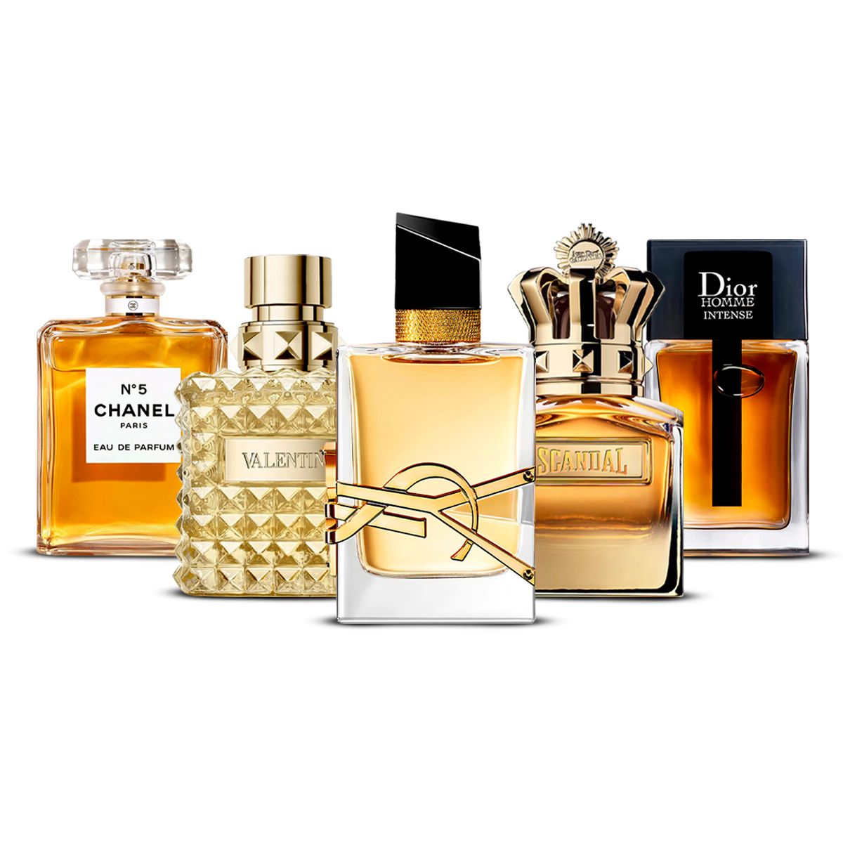 Kombinasjon av 5 parfymer – Chanel Nº5, Valentino Uomo, Yves Saint Laurent Libre, Scandal Pour Homme og Dior Homme Intense [100 ml hver]