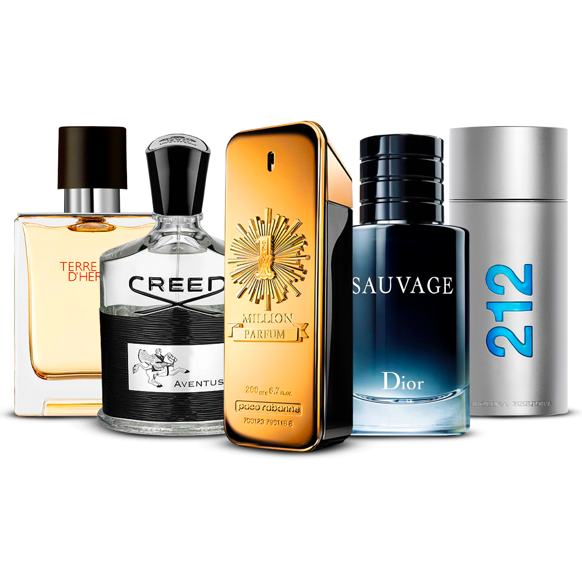 Kombinasjon av 5 herreparfymer – Terre d'Hermès, Creed Aventus, 1 Million, Sauvage og 212 Men [100 ml hver]