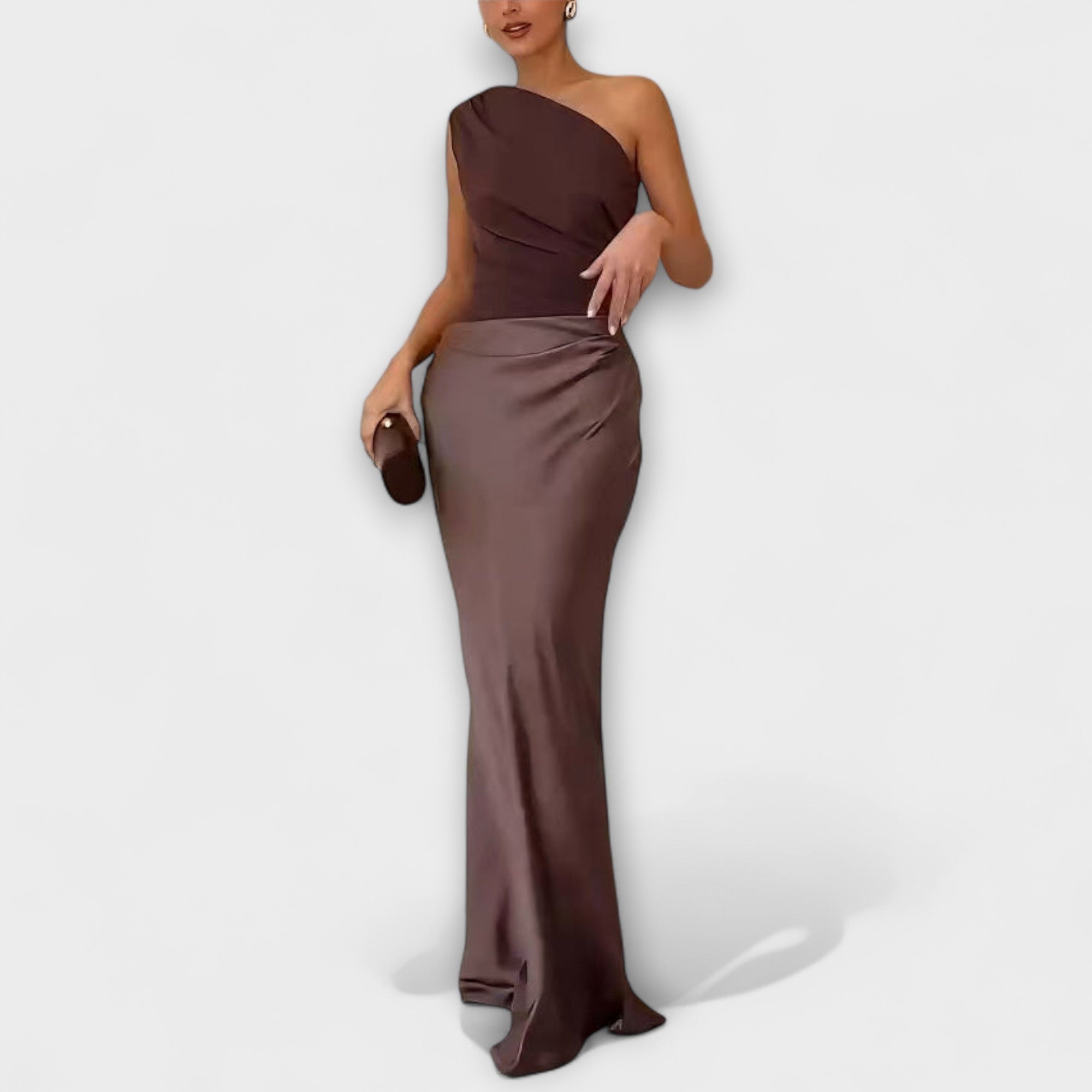 Elegant En-Skulder Plisserte Maxi Kjole