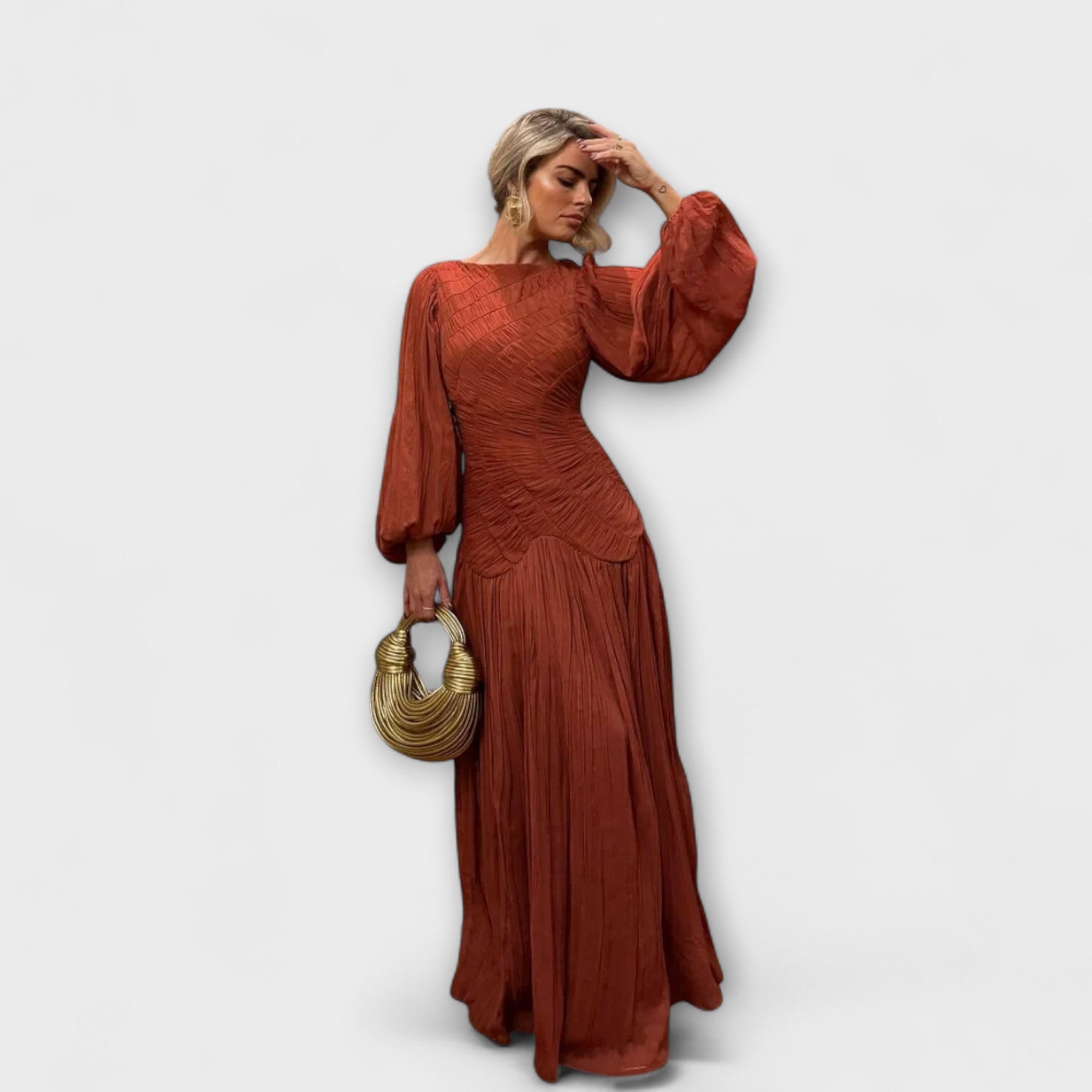 Elegant Plisserte Kjole med Lange Ermer