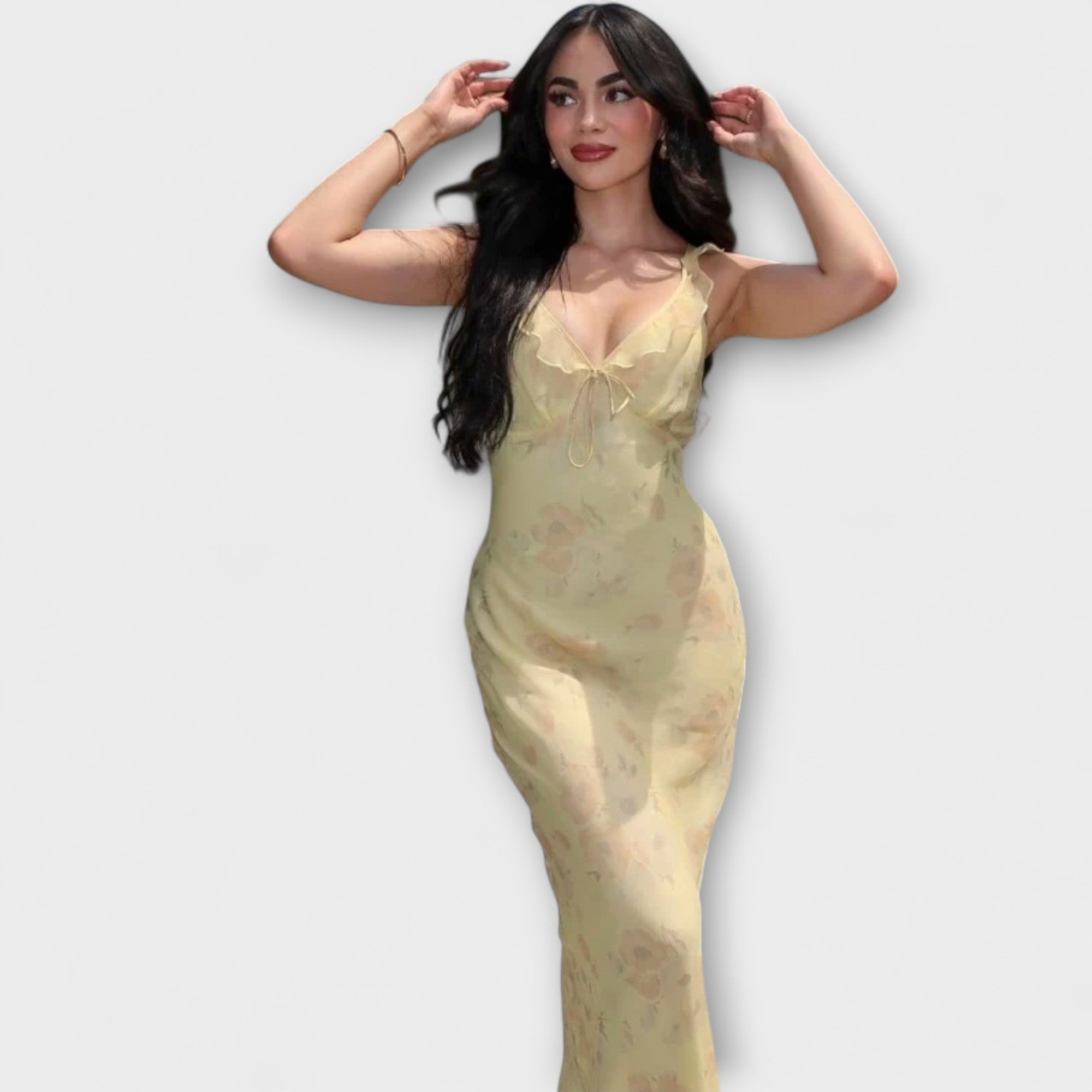 Kryptografisk Blomstertrykk Plunge Maxi Kjole