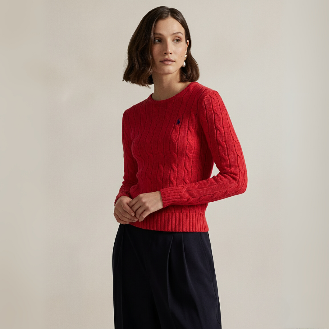 Zopfmuster-Baumwollpullover med rund hals