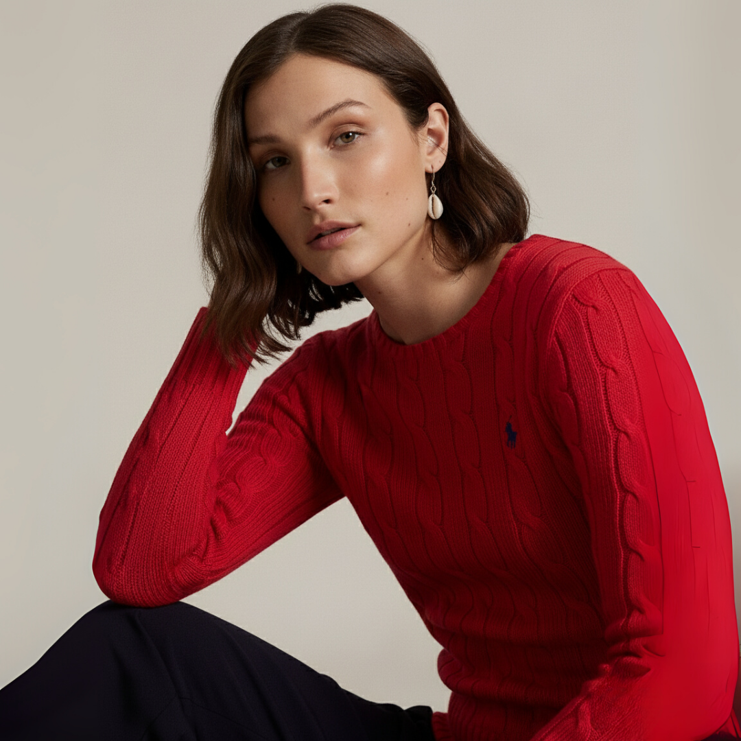 Zopfmuster-Baumwollpullover med rund hals