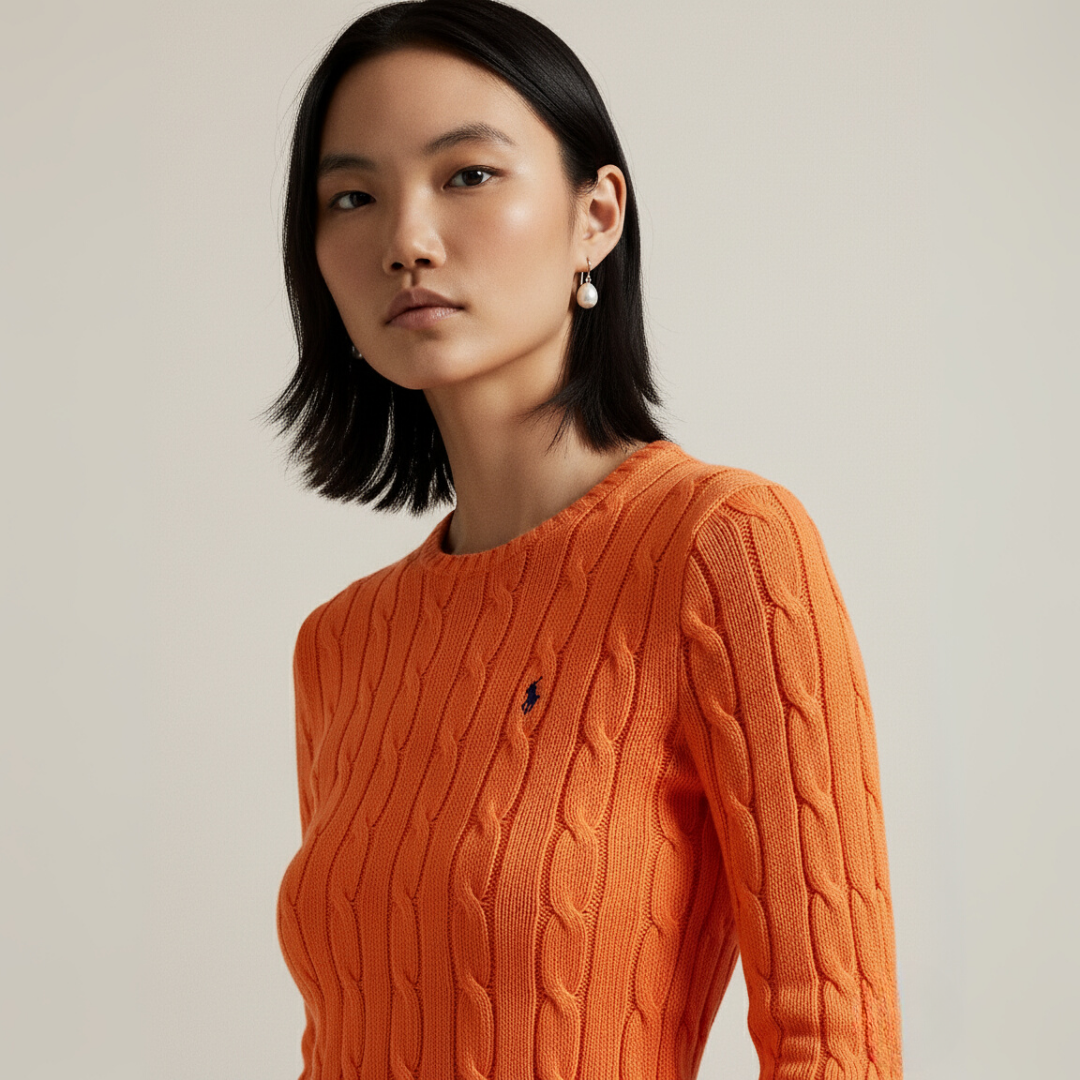 Zopfmuster-Baumwollpullover med rund hals