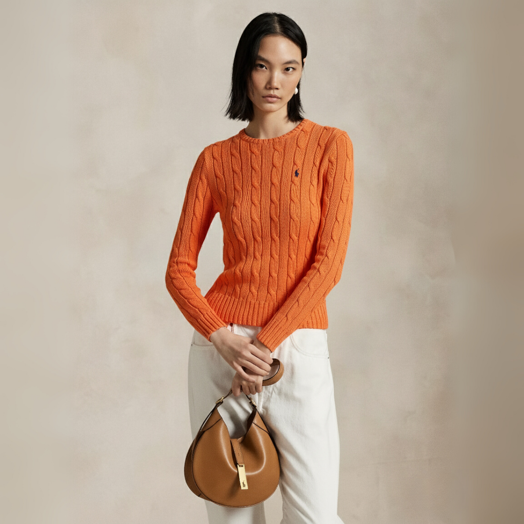 Zopfmuster-Baumwollpullover med rund hals