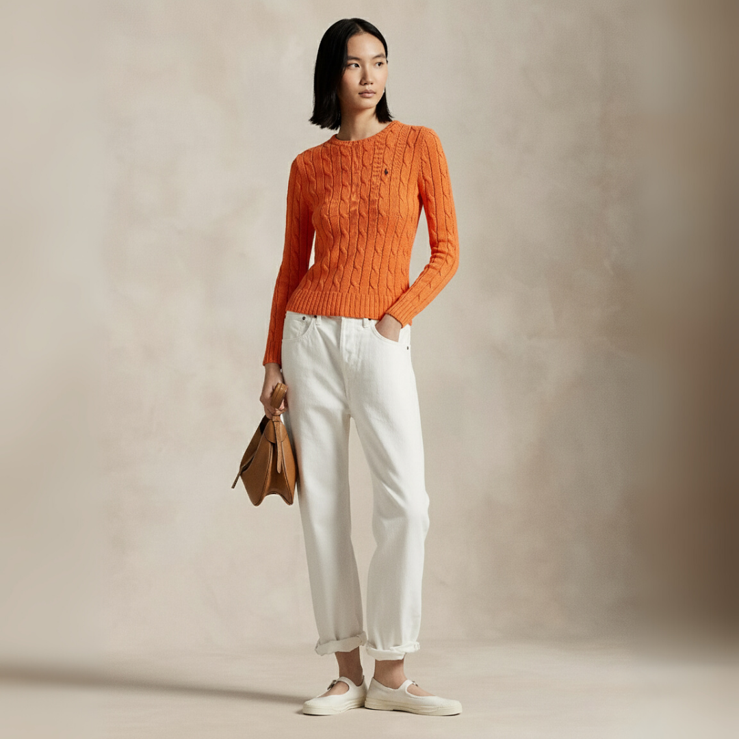 Zopfmuster-Baumwollpullover med rund hals