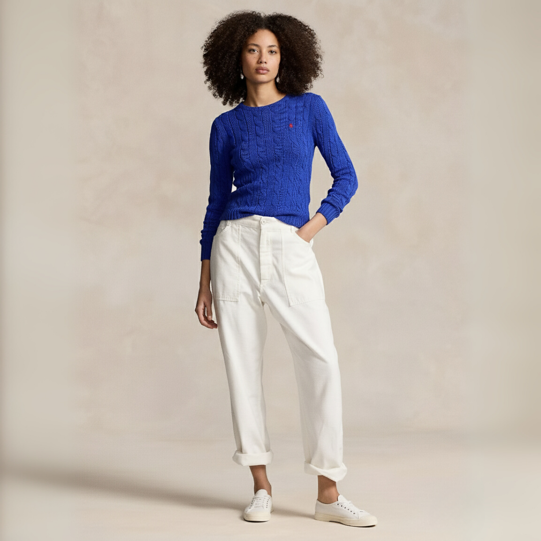 Zopfmuster-Baumwollpullover med rund hals