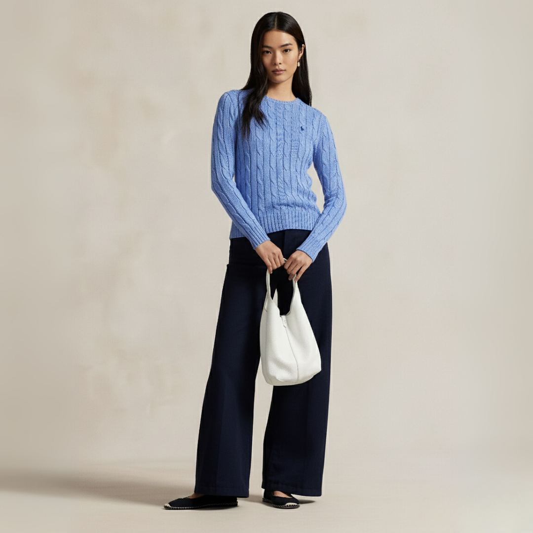 Zopfmuster-Baumwollpullover med rund hals