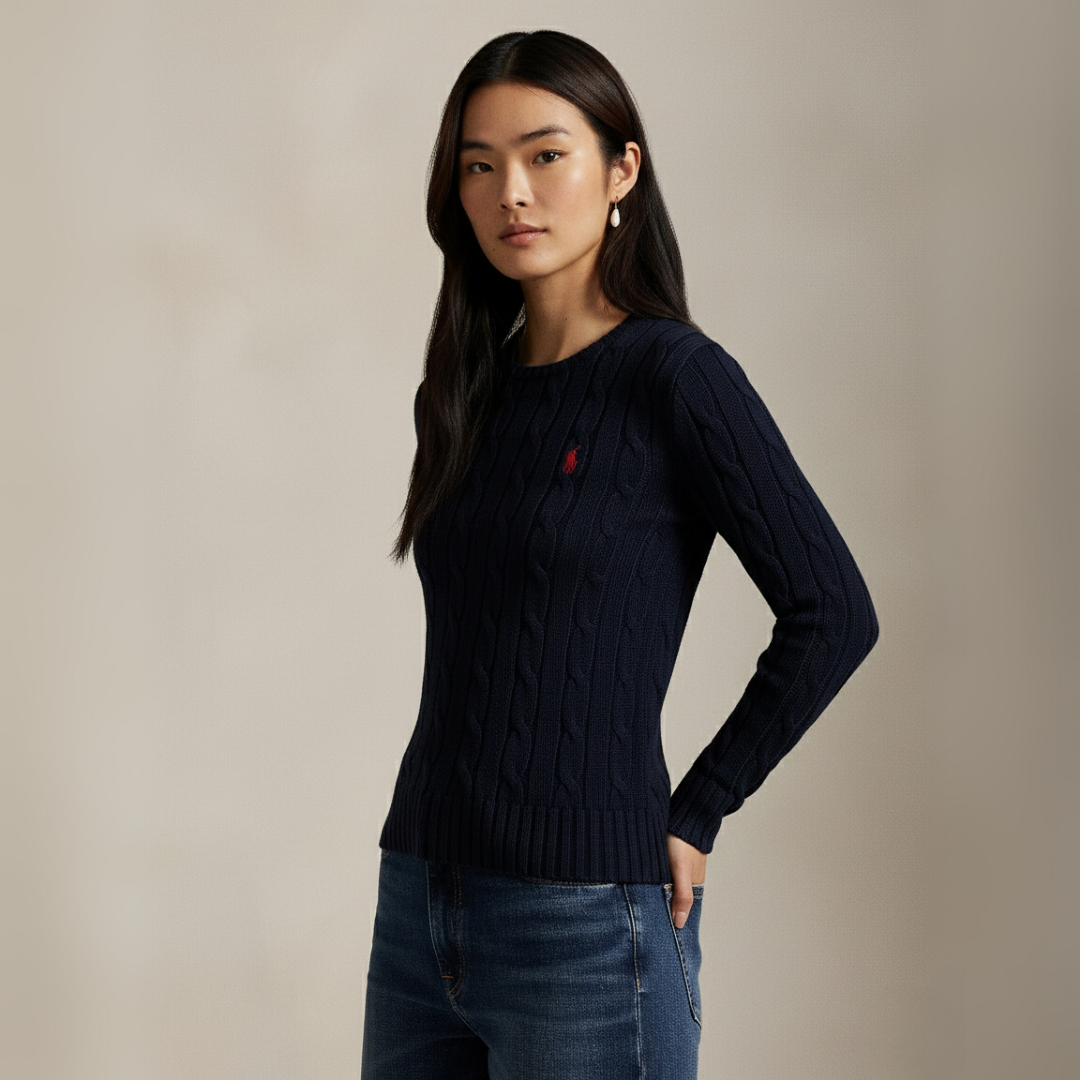 Zopfmuster-Baumwollpullover med rund hals