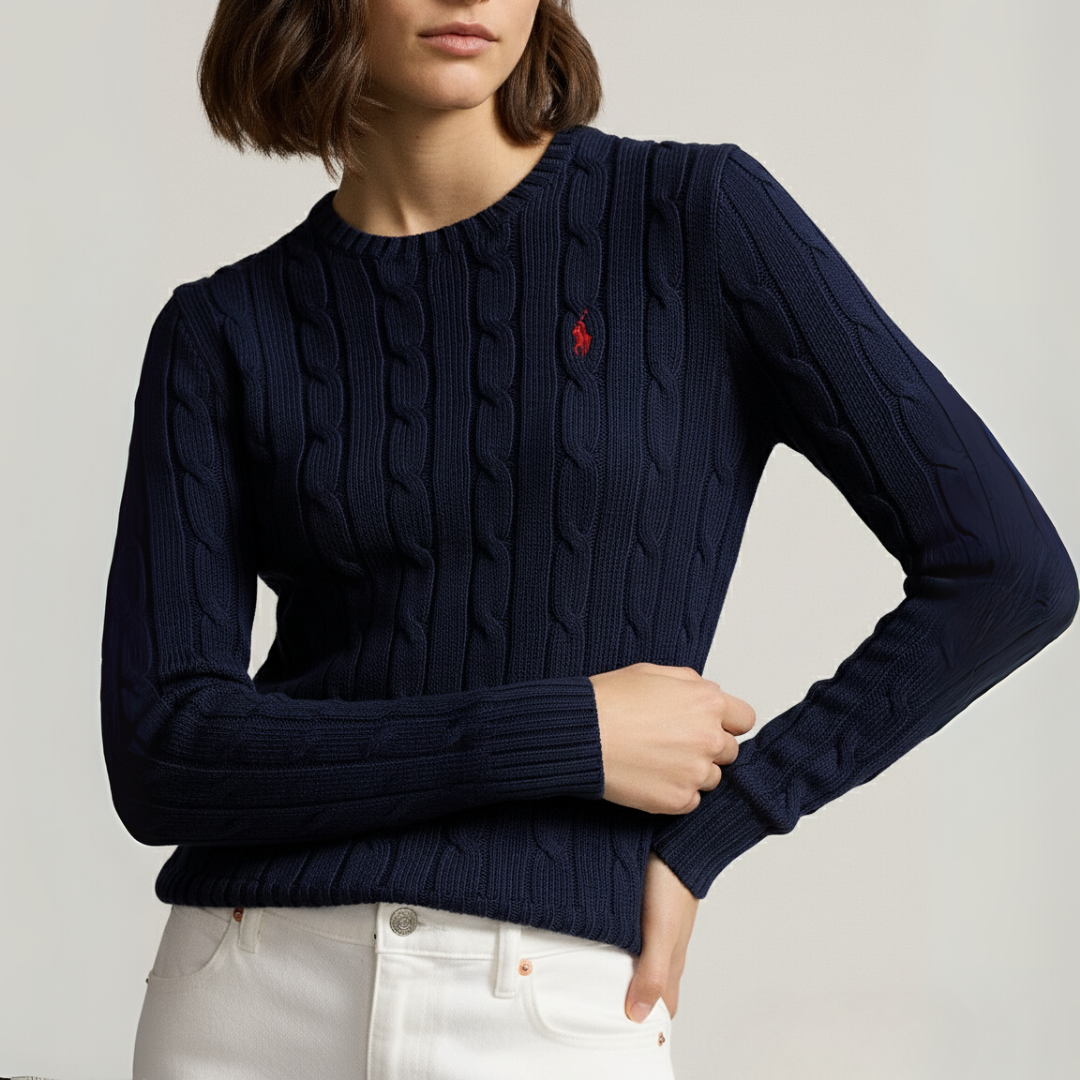 Zopfmuster-Baumwollpullover med rund hals