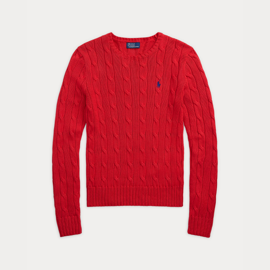 Zopfmuster-Baumwollpullover med rund hals