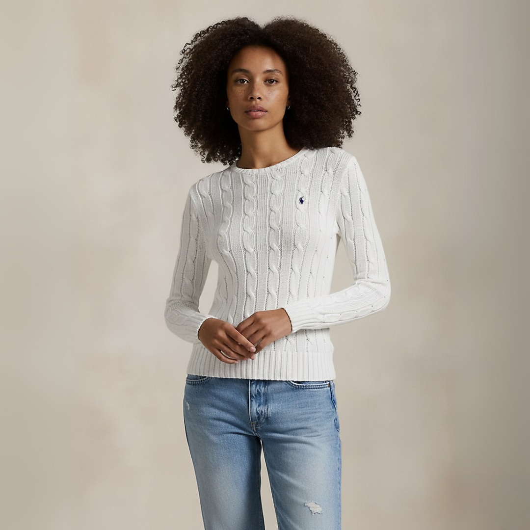 Zopfmuster-Baumwollpullover med rund hals