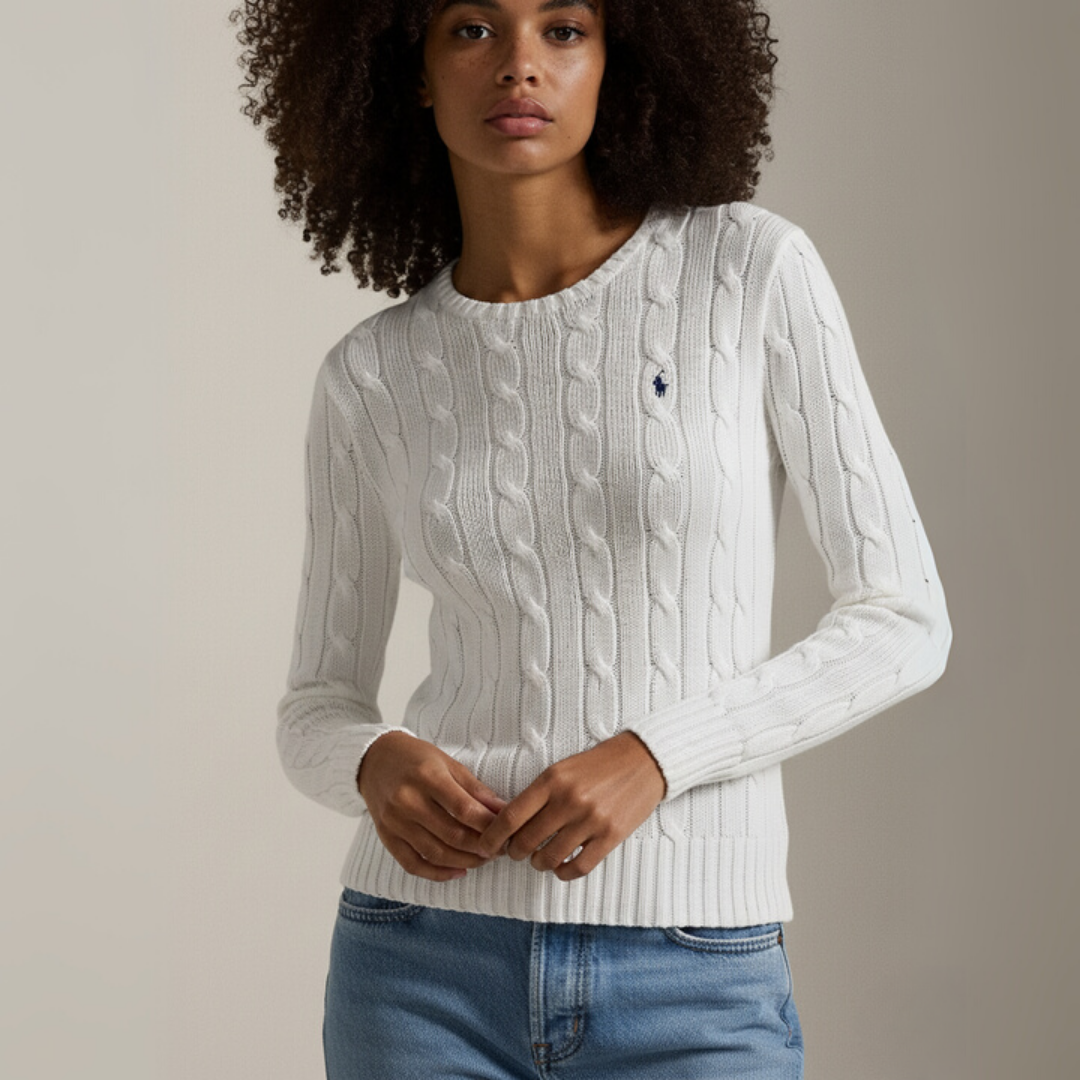 Zopfmuster-Baumwollpullover med rund hals