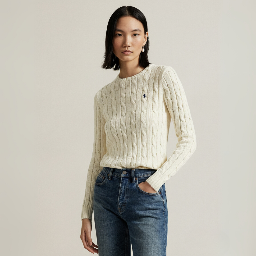Zopfmuster-Baumwollpullover med rund hals