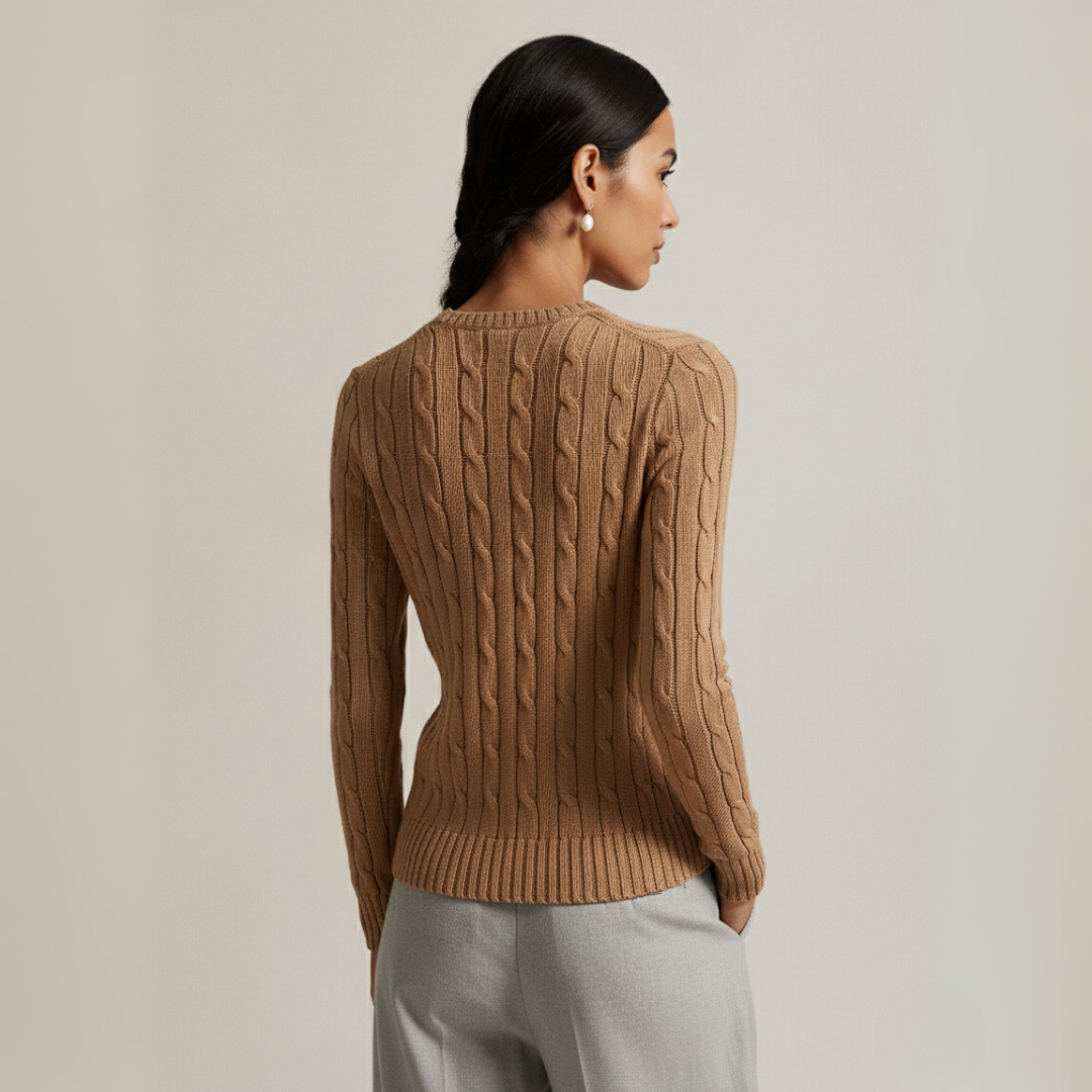 Zopfmuster-Baumwollpullover med rund hals