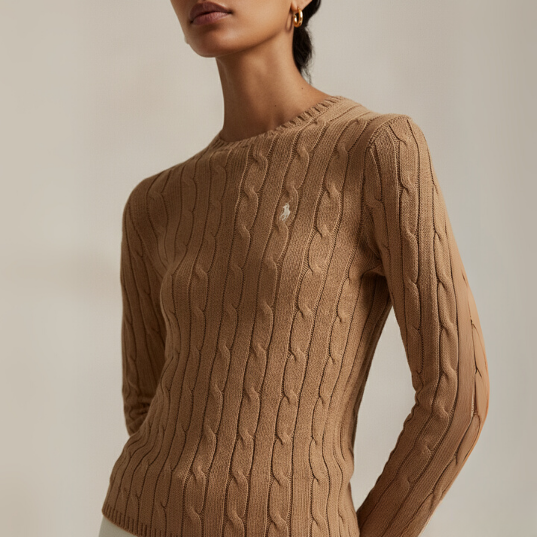 Zopfmuster-Baumwollpullover med rund hals