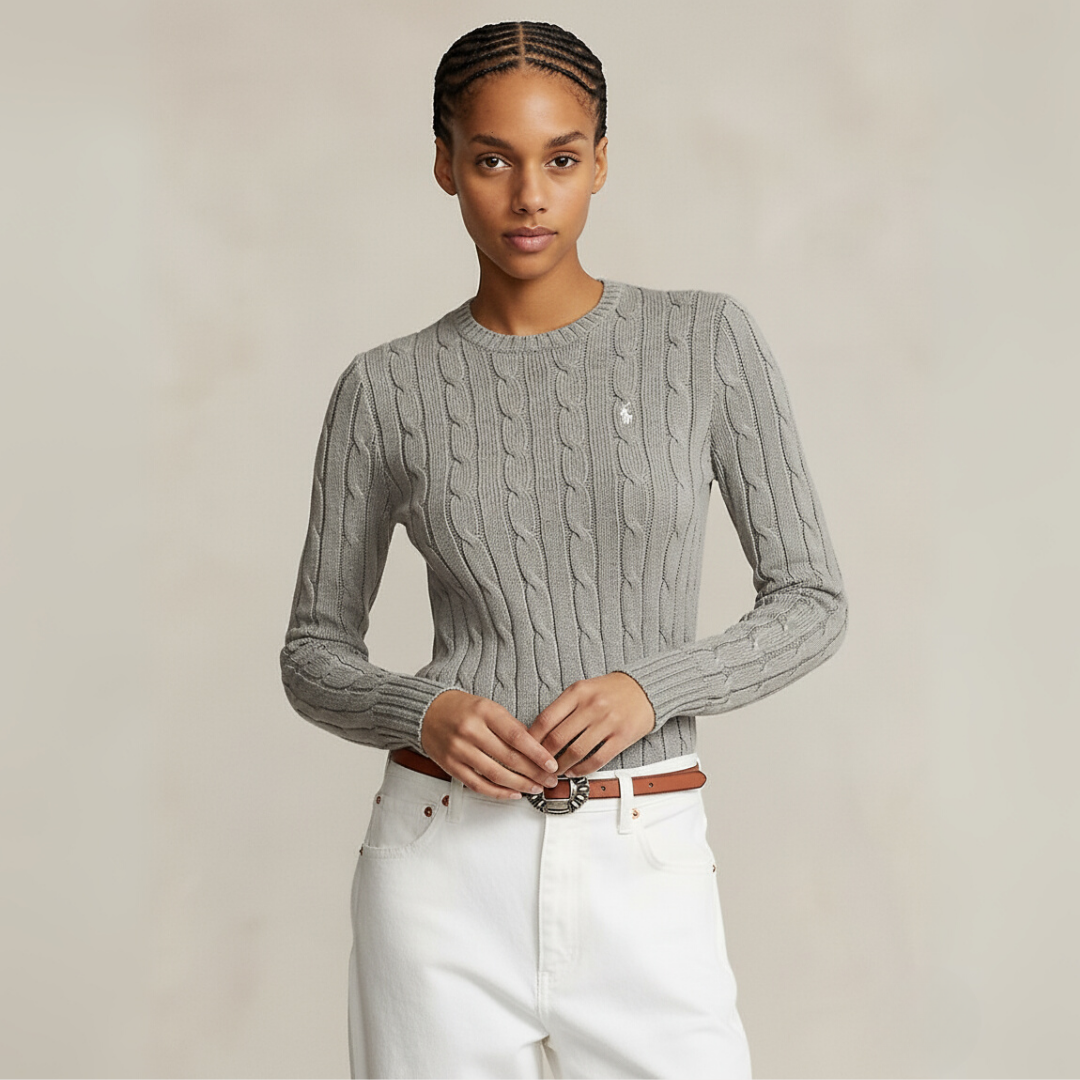 Zopfmuster-Baumwollpullover med rund hals