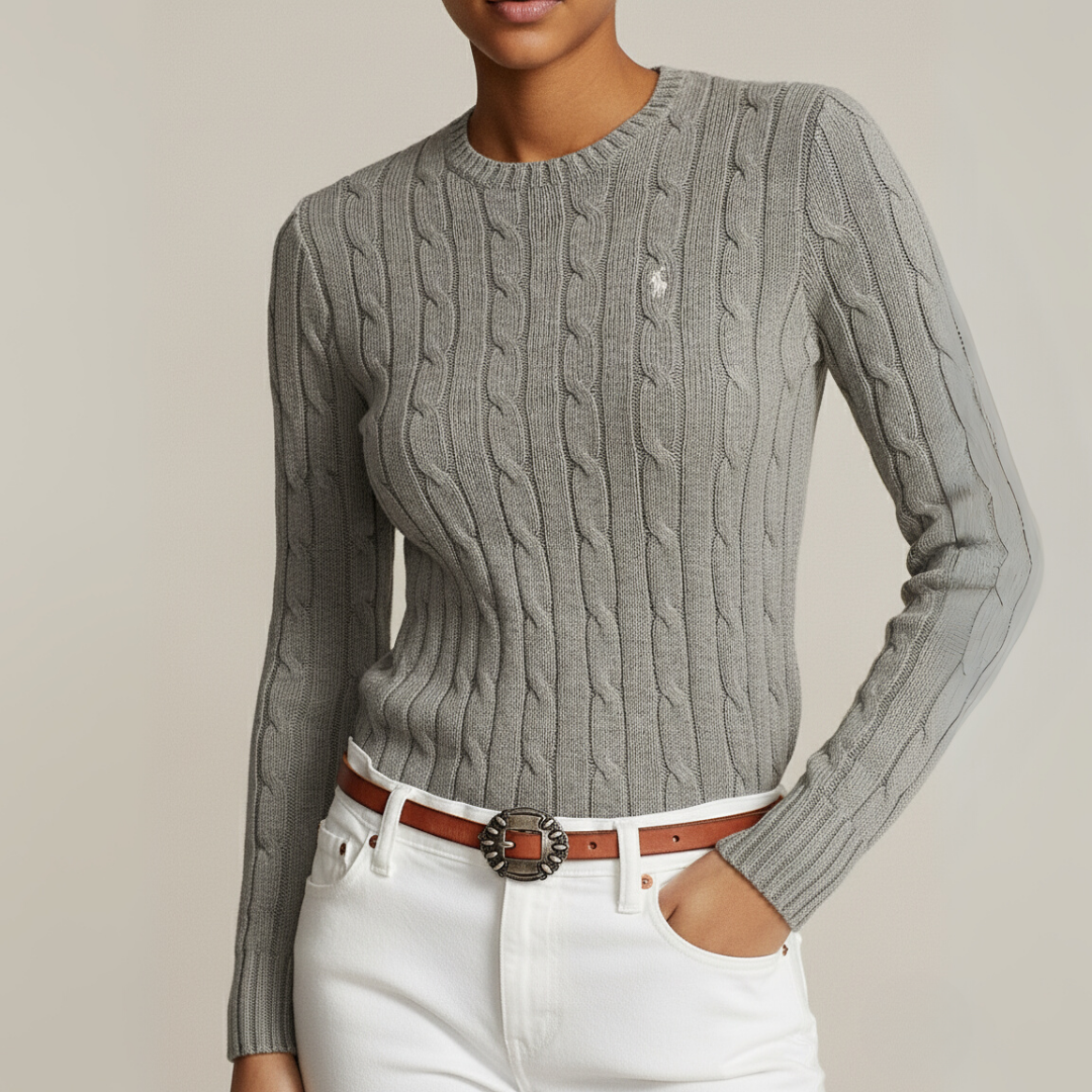 Zopfmuster-Baumwollpullover med rund hals