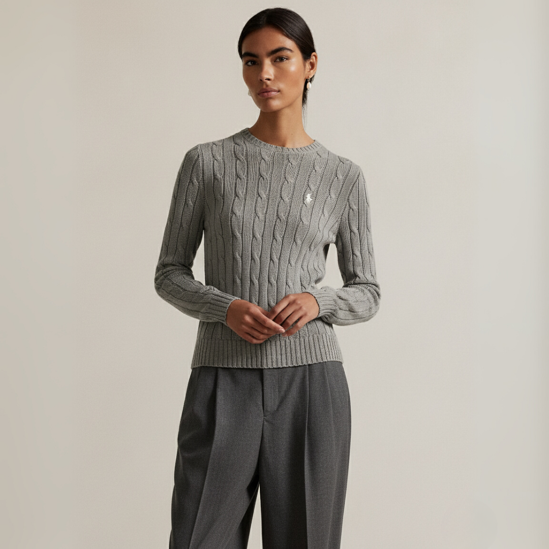 Zopfmuster-Baumwollpullover med rund hals