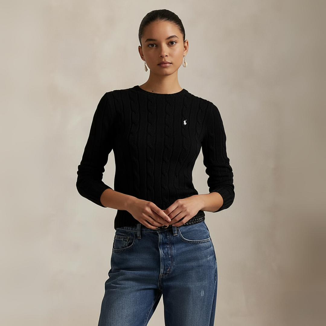 Zopfmuster-Baumwollpullover med rund hals