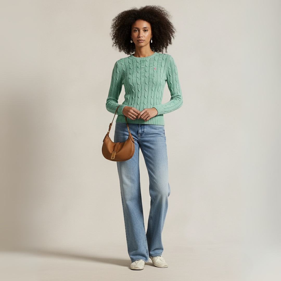 Zopfmuster-Baumwollpullover med rund hals