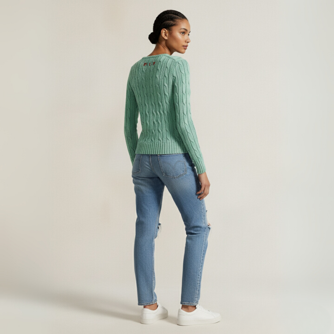 Zopfmuster-Baumwollpullover med rund hals