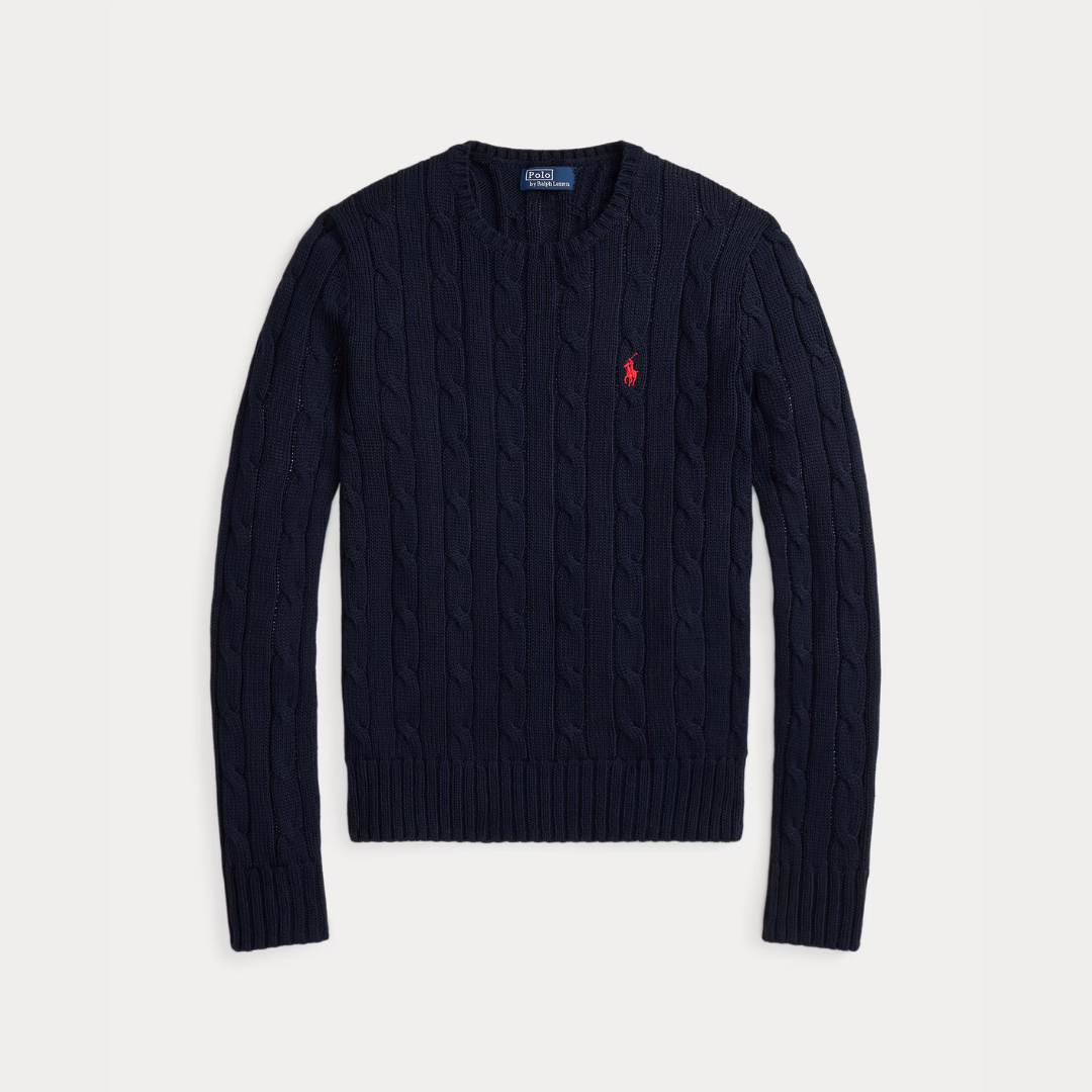 Zopfmuster-Baumwollpullover med rund hals