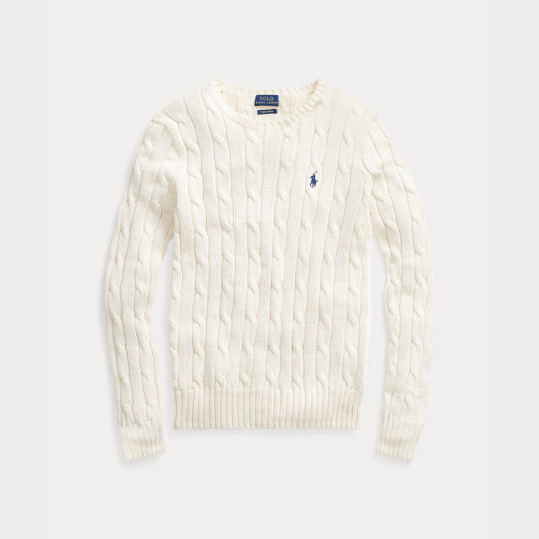 Zopfmuster-Baumwollpullover med rund hals