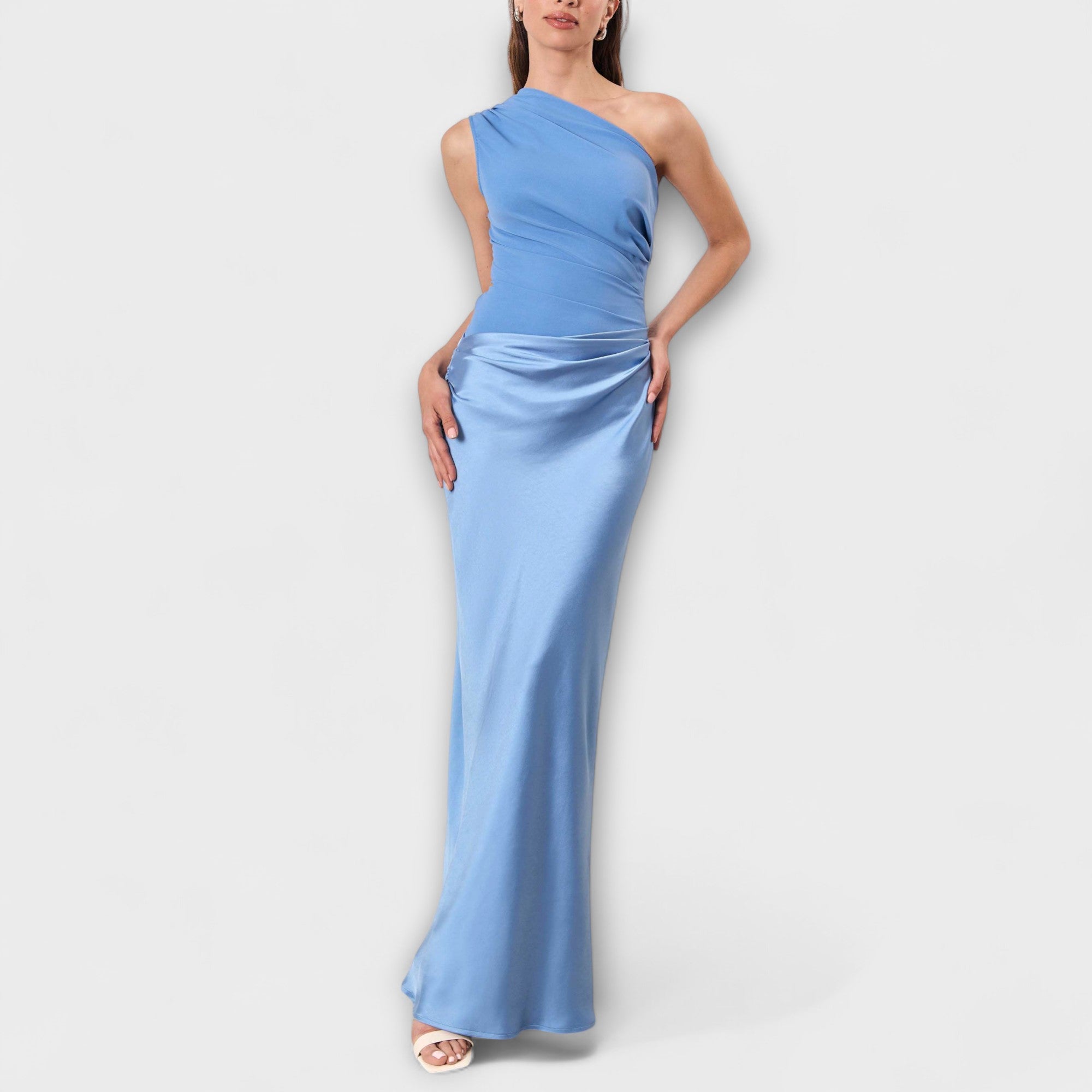 Elegant En-Skulder Plisserte Maxi Kjole
