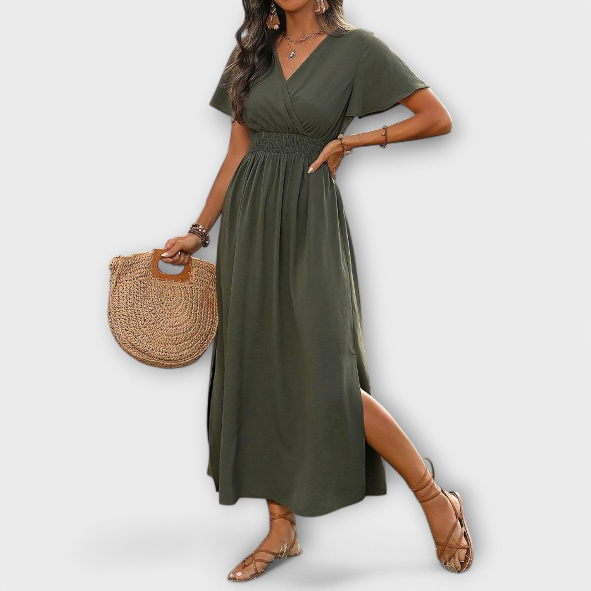 Heather - Elegant Boho Kjole med V-hals og Lange Ermer