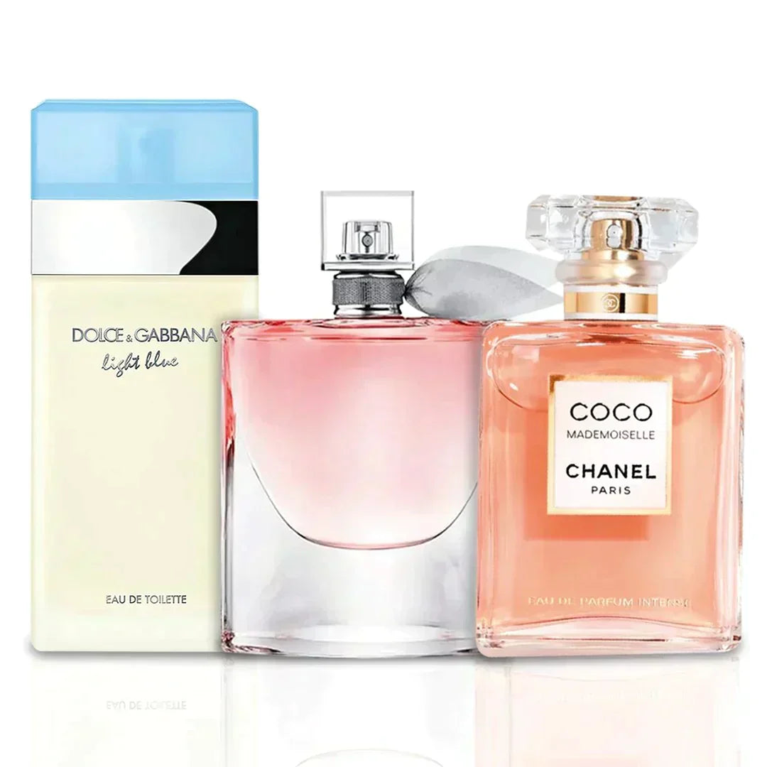 Kombinasjon av 3 kvinnelige parfymer - La Vie Est Belle, Coco Mademoiselle og Light Blue [100 ml hver]