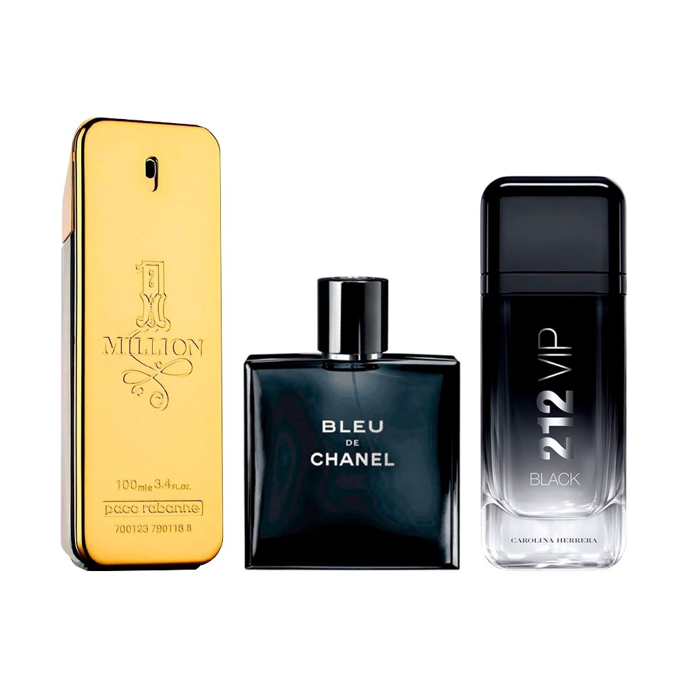 Kombinasjon av 3 herreparfymer - 1 Million, Bleu de Chanel og 212 VIP Black [100 ml hver]