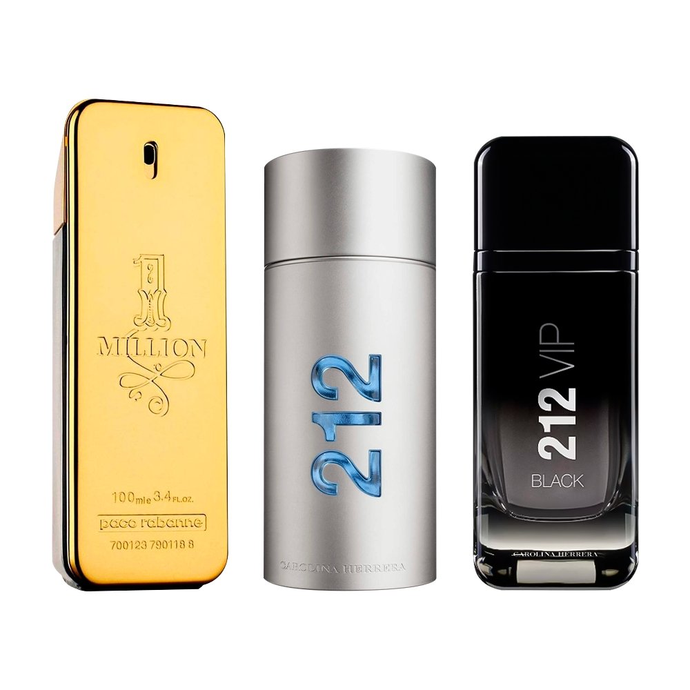 Kombinasjon av 3 herreparfymer - 1 Million, 212 MEN og 212 Black [100 ml hver]