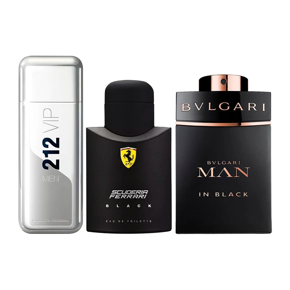 Kombinasjon av 3 herreparfymer - 212 VIP, Ferrari Black og Bvlgari In Black [100 ml hver]