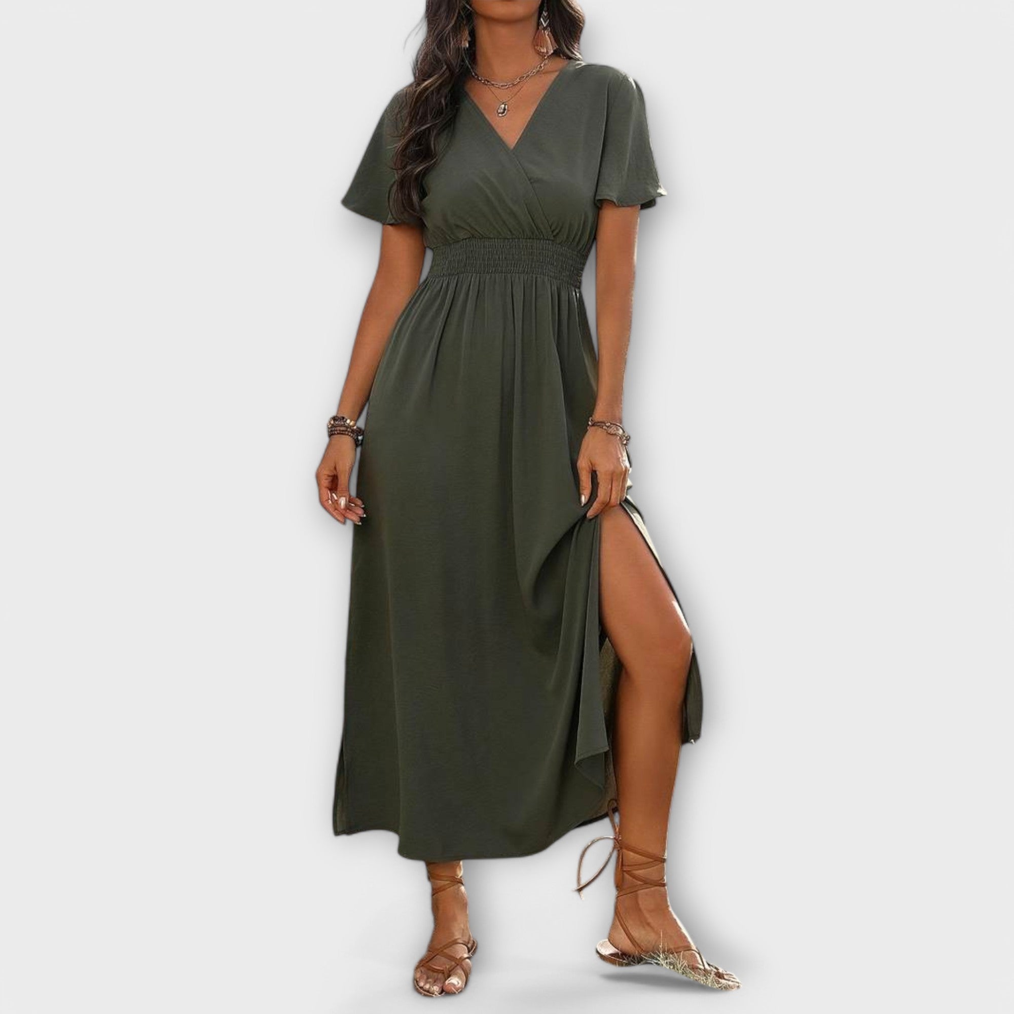 Heather - Elegant Boho Kjole med V-hals og Lange Ermer