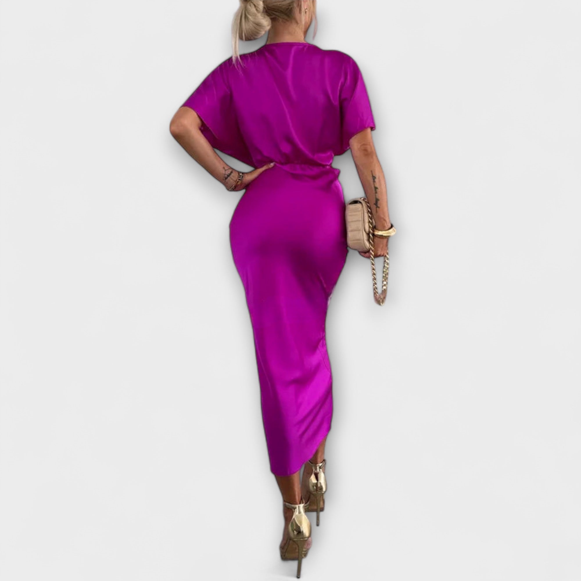 Sable - Solid Satin V-Hals Krysse Knute Slim Fit Maxi Kjole