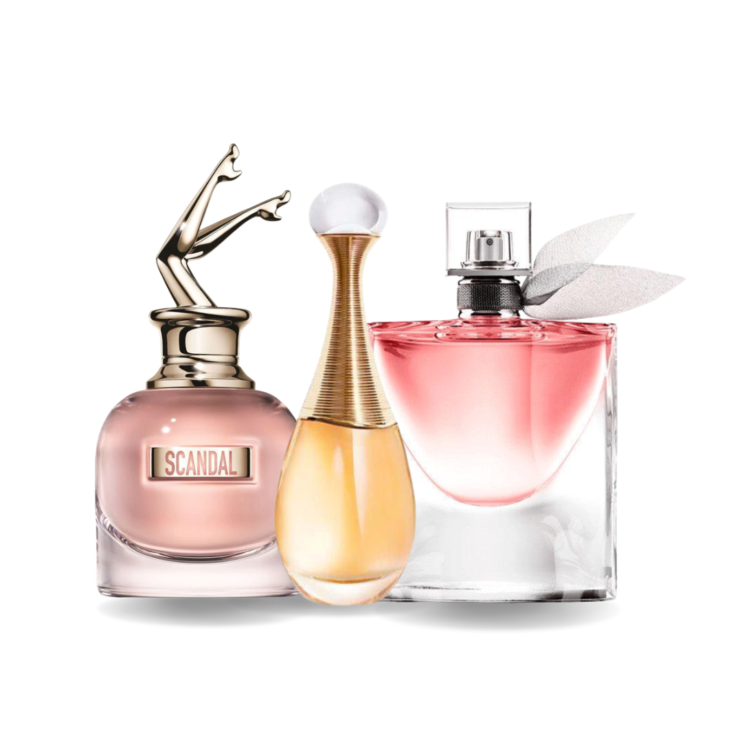 3 Parfyme kombinasjon - Scandal fra Jean Paul Gaultier, J'adore fra Dior og La Vie Est Belle fra Lancôme